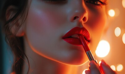 Obraz premium Close-up of a young woman applying red lipstick, soft warm light illuminating her delicate features, elegant and glamorous beauty concept