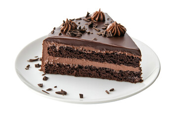 Delicious chocolate cake slice on a white plate, cut out