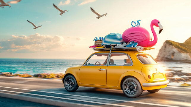 Road trip adventures with a colorful car and beach gear on the coast