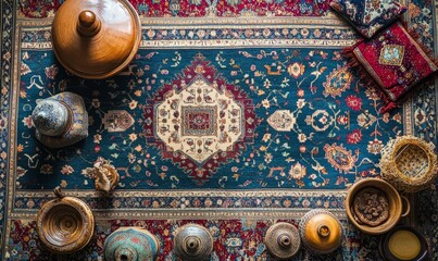 Persian rug with various decorative items.