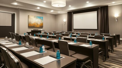 A tech-friendly meeting room with multiple charging stations, laptops, and smart collaboration tools.
