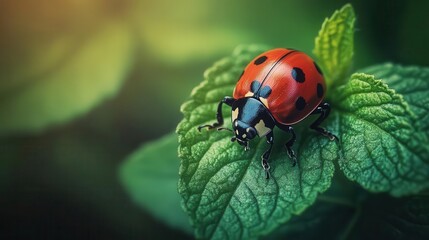 Obraz premium A macro shot of a ladybug perched on a green leaf, Macro photography, Detailed and delicate