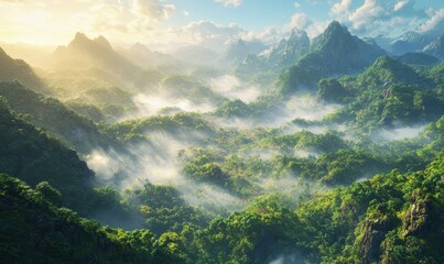 Naklejka premium Scenic aerial view of a misty mountain valley surrounded by lush green trees under soft sunlight, soft natural light creating a serene and expansive view