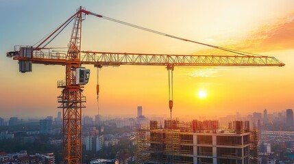 A vibrant orange tower crane operating at sunrise, silhouetted against a golden sky.