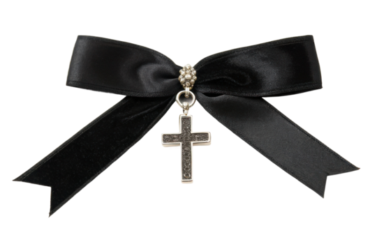 Elegant black ribbon bow with cross pendant for memorial occasions and remembrance events