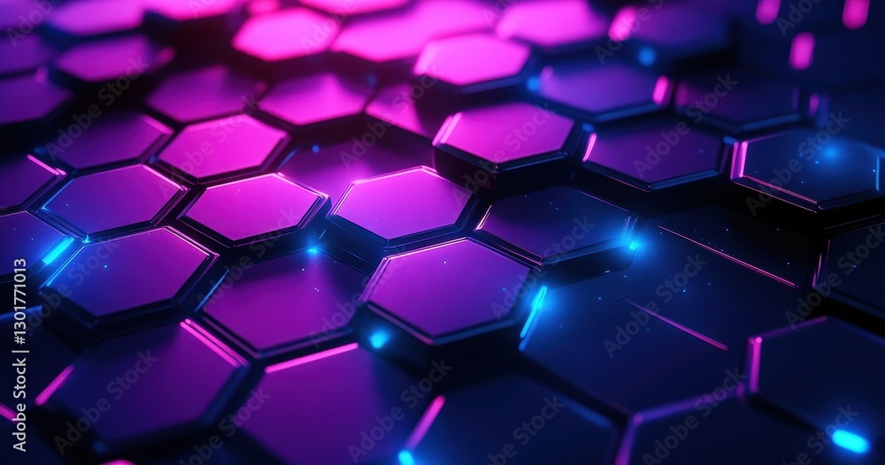Poster abstract futuristic hexagonal pattern with vibrant purple and blue glowing lights, creating a techno