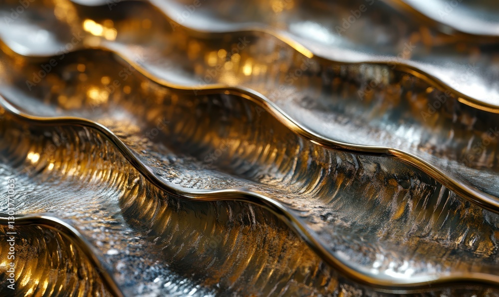 Poster macro shot of futuristic metallic textures in gold and silver, arranged in abstract wave-like patter