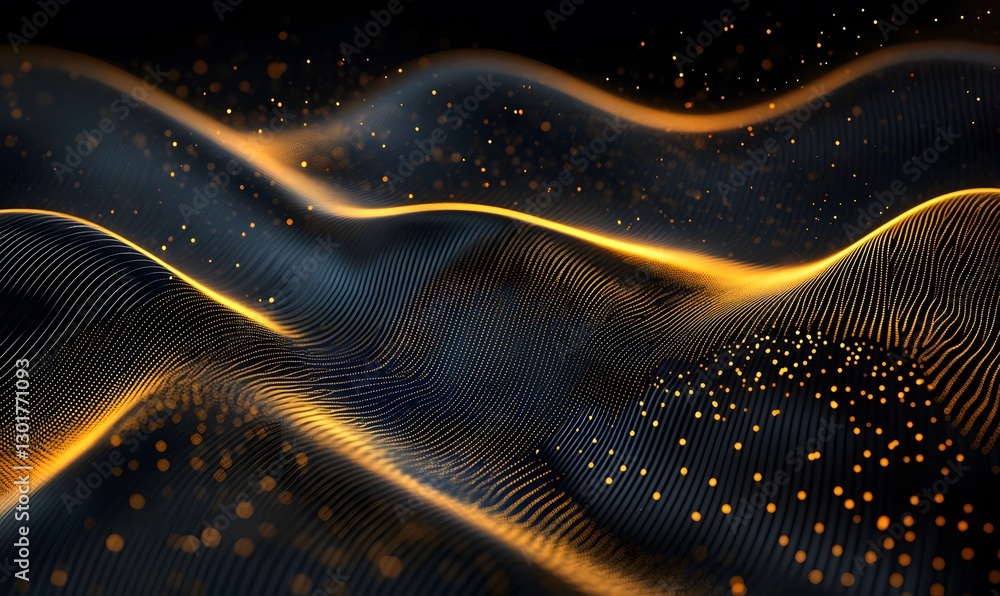 Poster abstract golden light particle waves on dark wavy background texture