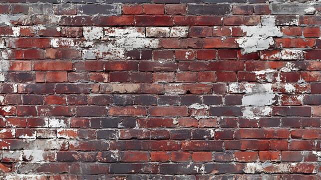 High-resolution close-up of an old, weathered red brick wall with peeling white paint