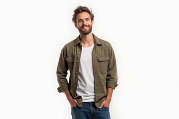 Fototapeta premium Half-Length (Waist-Up) portrait of young stylish smiling Czech male model in bohemian wear isolated on pure white background looking at camera