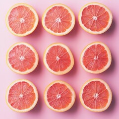 Pink background, nine grapefruit halves, flatlay, vibrant, food blog
