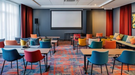 A well-lit business meeting room featuring a modern interior, stylish furniture, and a large presentation screen.