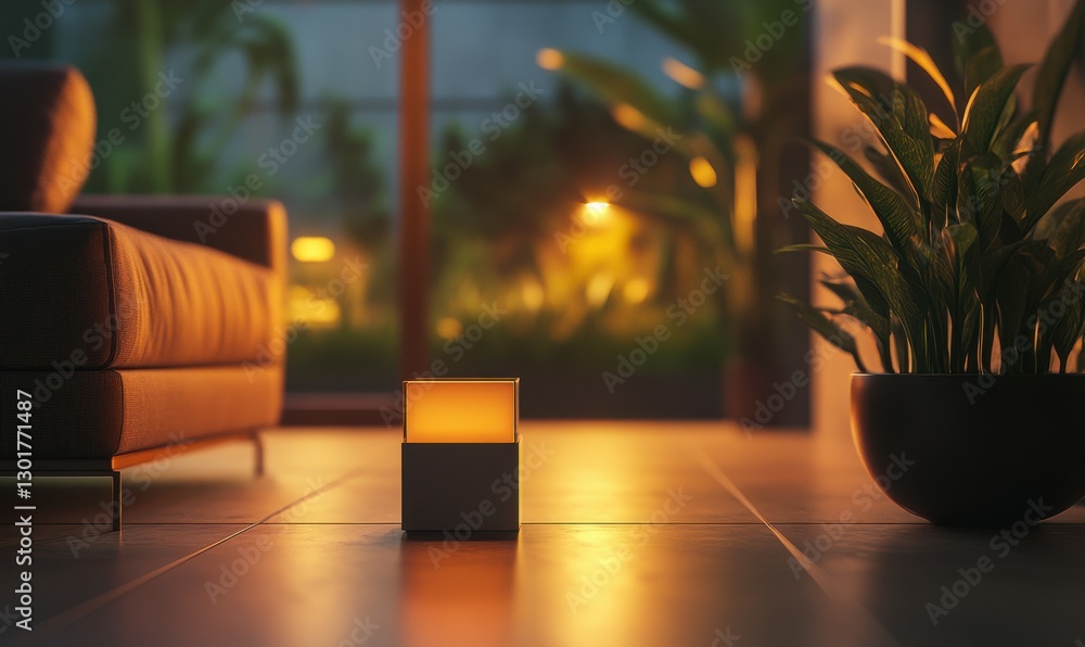 Poster minimal lightbox with a soft golden glow illuminating a dark modern room, sharp geometric design and