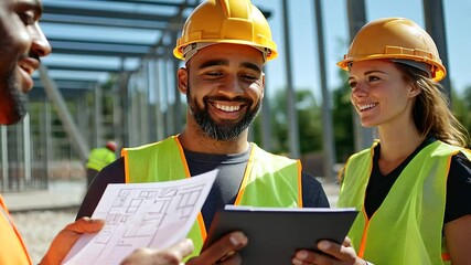 A multicultural construction crew working together on an outdoor project.