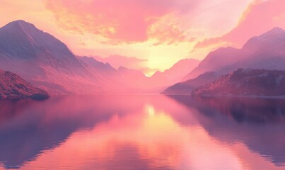 Fototapeta premium Scenic view of a calm lake surrounded by mountains at dawn, soft pink and orange hues reflecting off the water, evoking serenity and tranquility,