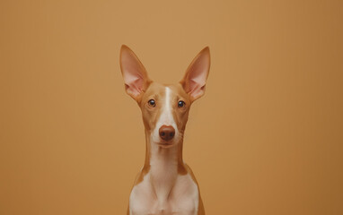 Obraz premium Ibizan Hound dog on minimalistic colorful background with Copy Space. Perfect for banners, veterinary ads, pet food promotions, and minimalist designs. 