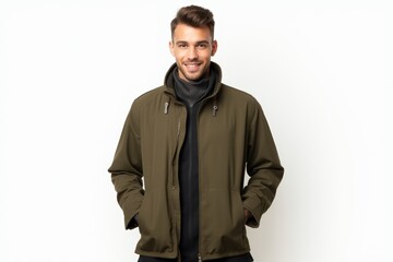 Obraz premium Half-Length (Waist-Up) portrait of young stylish smiling Czech male model in military wear isolated on pure white background looking at camera