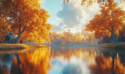 Vibrant autumn scene with glowing orange trees lining a tranquil pond under soft golden light. Warm hues highlight serenity,