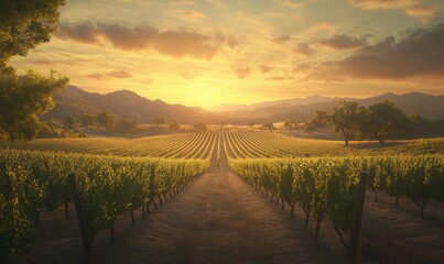 Naklejka premium Scenic view of a vineyard at sunset, rows of grapevines stretching into the distance, soft golden light casting long shadows, evoking peace and elegance,