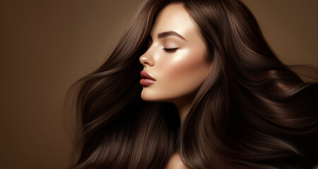 Naklejka premium Beautiful model girl with shiny brown and straight long hair . Keratin straightening . Treatment, care and spa procedures. Smooth hairstyle