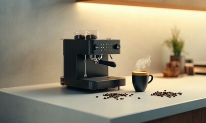 Fototapeta premium Minimalist coffee setup with a sleek espresso machine, steaming cup, and scattered coffee beans on a white countertop.