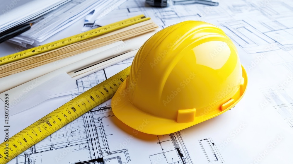 Poster a yellow hard hat on top of a stack of architectural blueprints and a measuring tape.