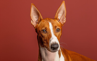 Ibizan Hound dog on minimalistic colorful background with Copy Space. Perfect for banners, veterinary ads, pet food promotions, and minimalist designs.
