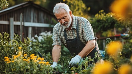 A senior's peaceful gardening experience in his backyard on a summer afternoon