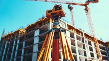 Fototapeta premium Surveying equipment positioned in front of a partially constructed building with cranes in the background.