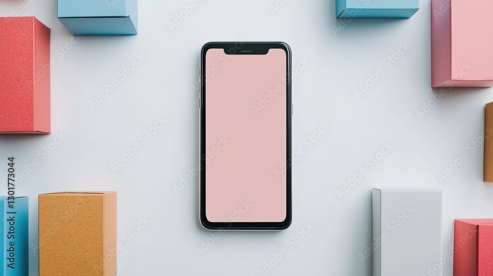 Poster ecommerce app showcase on smartphone surrounded by colorful boxes modern workspace top-down view dig