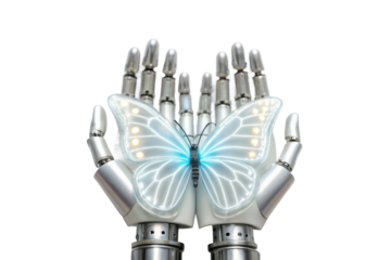 Robotic hands gently holding a glowing butterfly in a futuristic concept of technology and nature integration for design uses