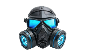 Unique design of a futuristic gas mask with glowing blue lenses for industrial use and artistic expression in creative projects