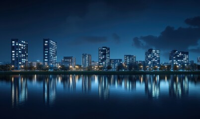 Fototapeta premium Modern city skyline at night with skyscrapers illuminated, their reflections shimmering on a river under a deep blue sky, urban sophistication.