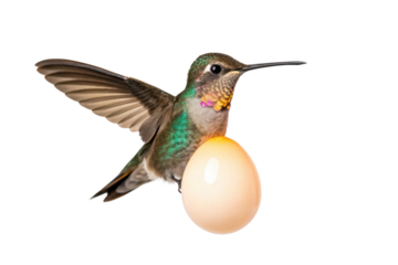 Hummingbird hovering with an egg in a vibrant display of nature's wonders and parental instincts
