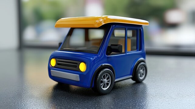 3D model of a blue cartoon camper van on a surface