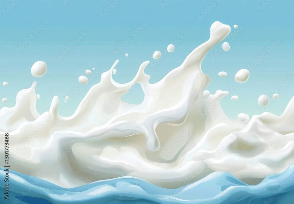 Aufkleber abstract illustration of white milk splash against a soft blue background with bubbles creating a ca