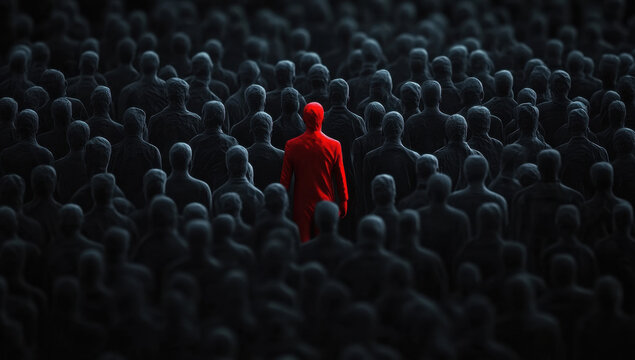 A dense crowd of matte black silhouettes, with a striking red figure in sharp contrast under a spotlight, emphasizing the peril of insider threats in data environments.