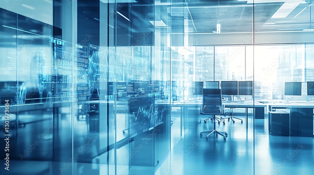 Poster an innovative workspace where technology helps improve tqm systems, ensuring quality and efficiency,