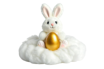 Easter celebration with fluffy bunny and golden egg on cloud