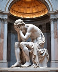 Marble statue of a grieving man seated with his face buried in his hands, symbolizing sorrow and contemplation, set in a grand neoclassical hall with a domed ceiling.

