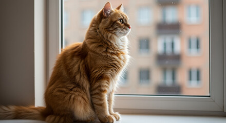 Fluffy ginger cat gazing out of a window with a dreamy look
