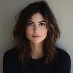 Studio portrait of woman with medium-length brunette hair, neutral background