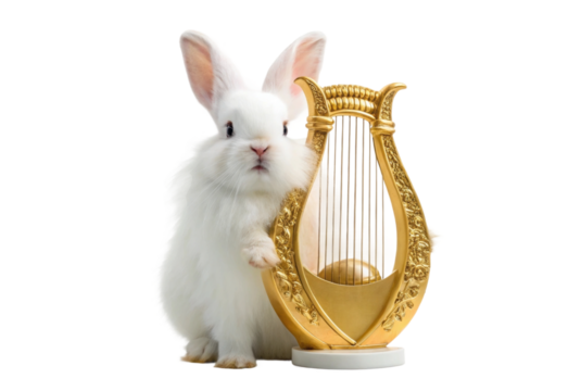 White rabbit with golden harp showcasing creativity and charm for Easter celebration or spring event designs