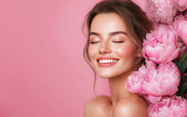 Beautiful young smiling  woman with clean fresh skin on face . Girl facial  treatment . Woman with pink peony flowers on a pink background. Cosmetology , beauty  and spa .
