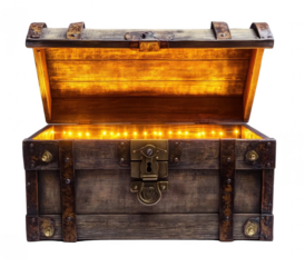 PNG Open wooden chest treasure vintage glowing. 
