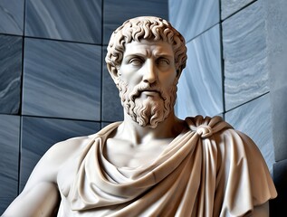 Obraz premium Ancient Roman marble statue of a bearded philosopher with a muscular physique, draped in a toga, exuding wisdom and strength, set against a classical stone wall backdrop.