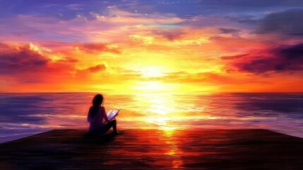 Fototapeta premium Woman Reading a Book at Sunset on a Tranquil Ocean Pier
