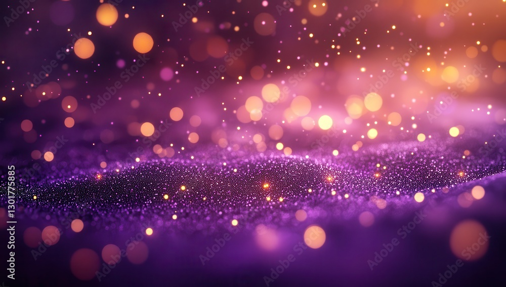 Poster abstract shimmering background with glowing particles and bokeh effect in shades of purple and gold,