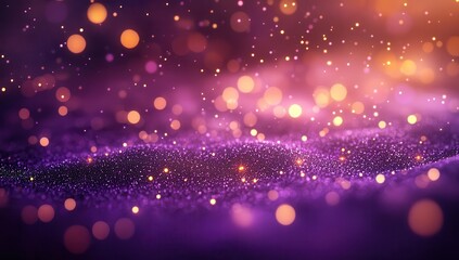 Abstract shimmering background with glowing particles and bokeh effect in shades of purple and gold, creating a magical and dreamy atmosphere.