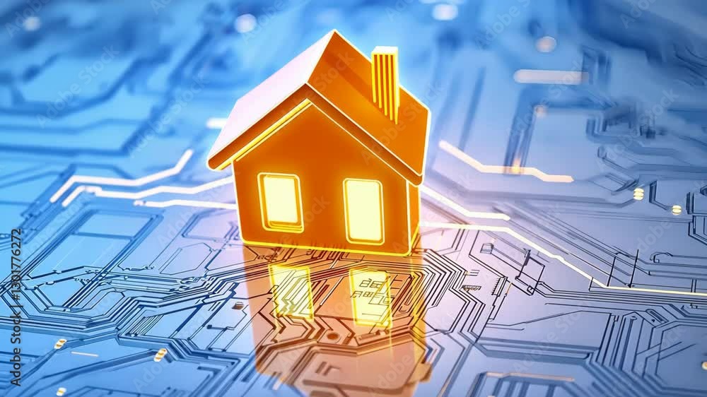 Aufkleber glowing house icon on blue circuit board symbolizing smart home technology and connectivity, represe